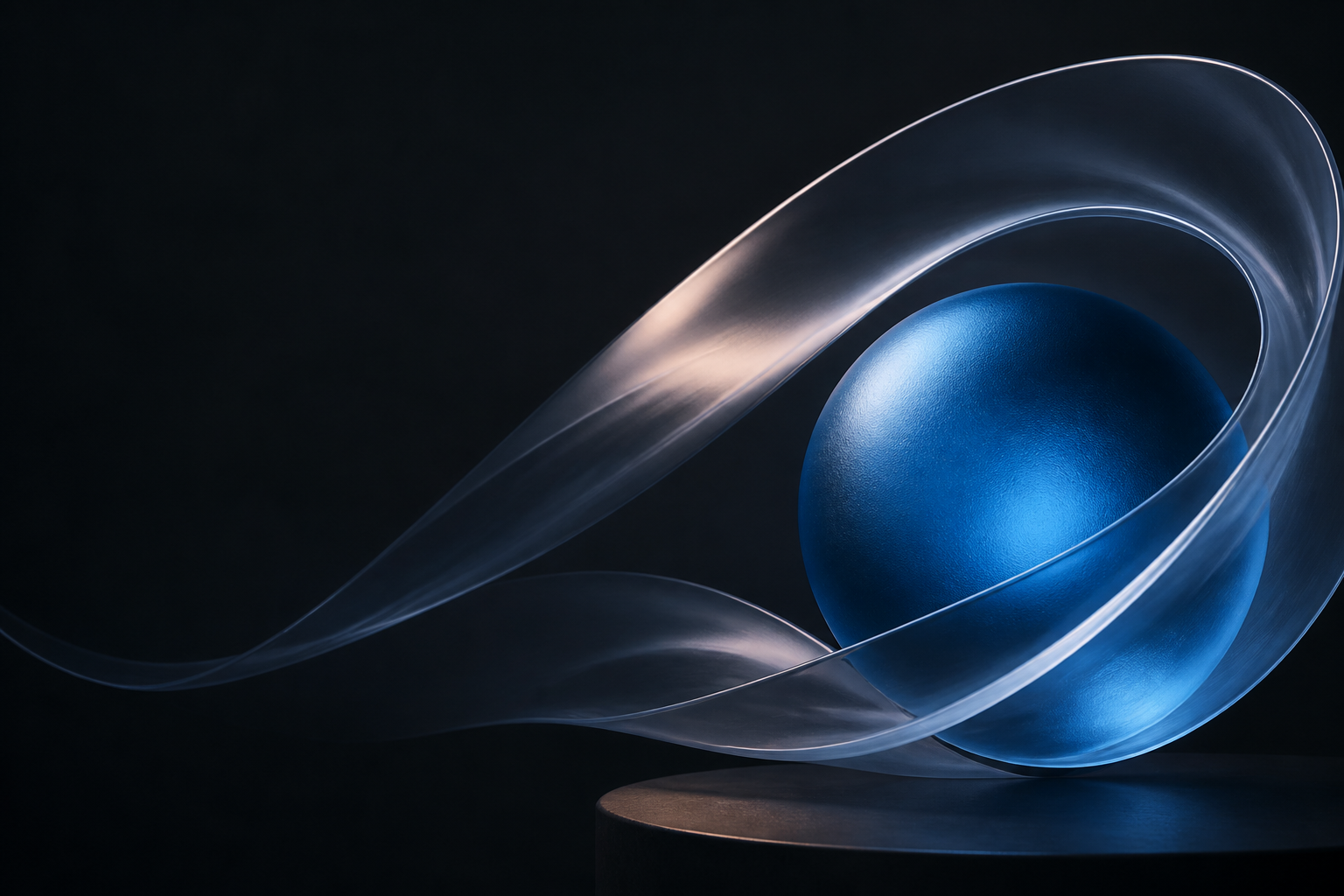 A blue sculptural sphere wrapped in a translucent flowing ribbon